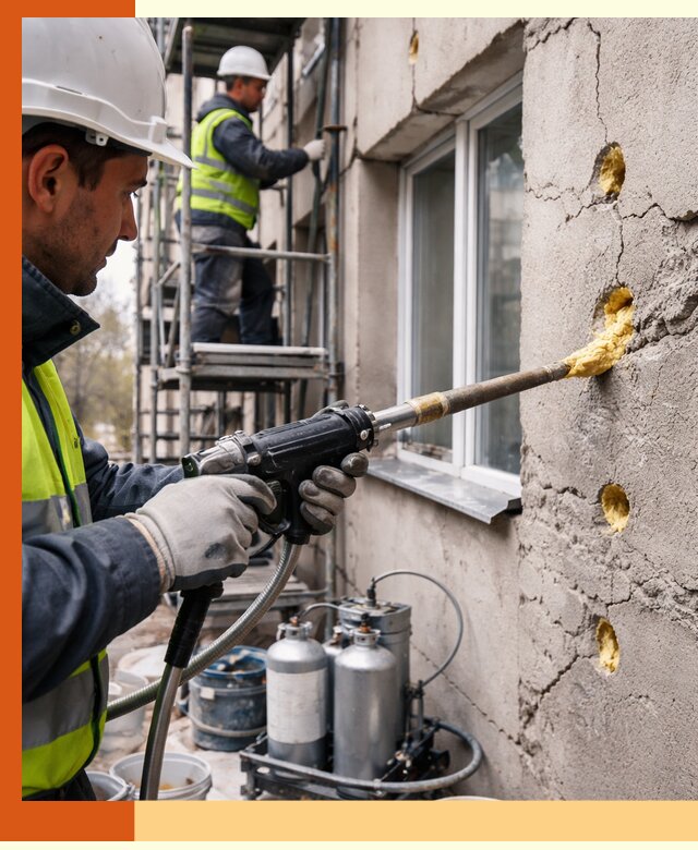 Заполнение пустот в фасаде и утепление стен в Ревде