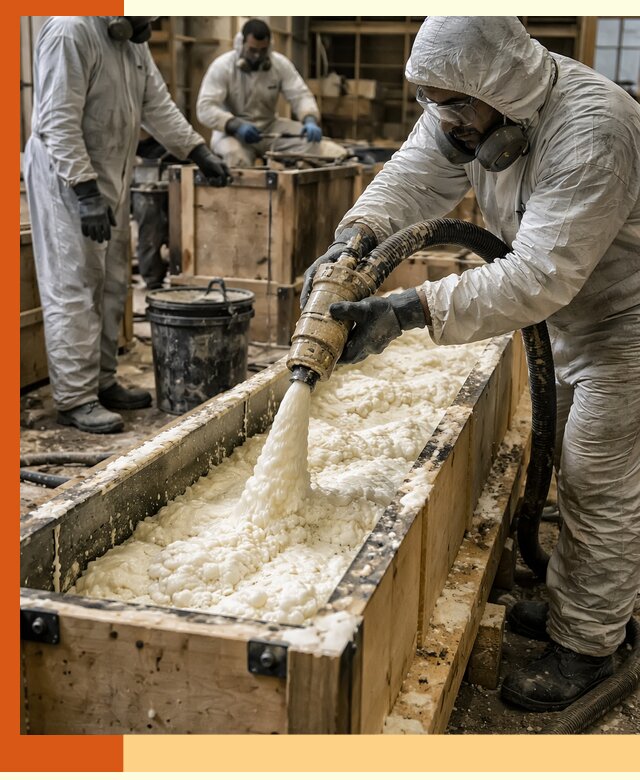 Заливка пенополиуретана в формы для утепления в Ревде